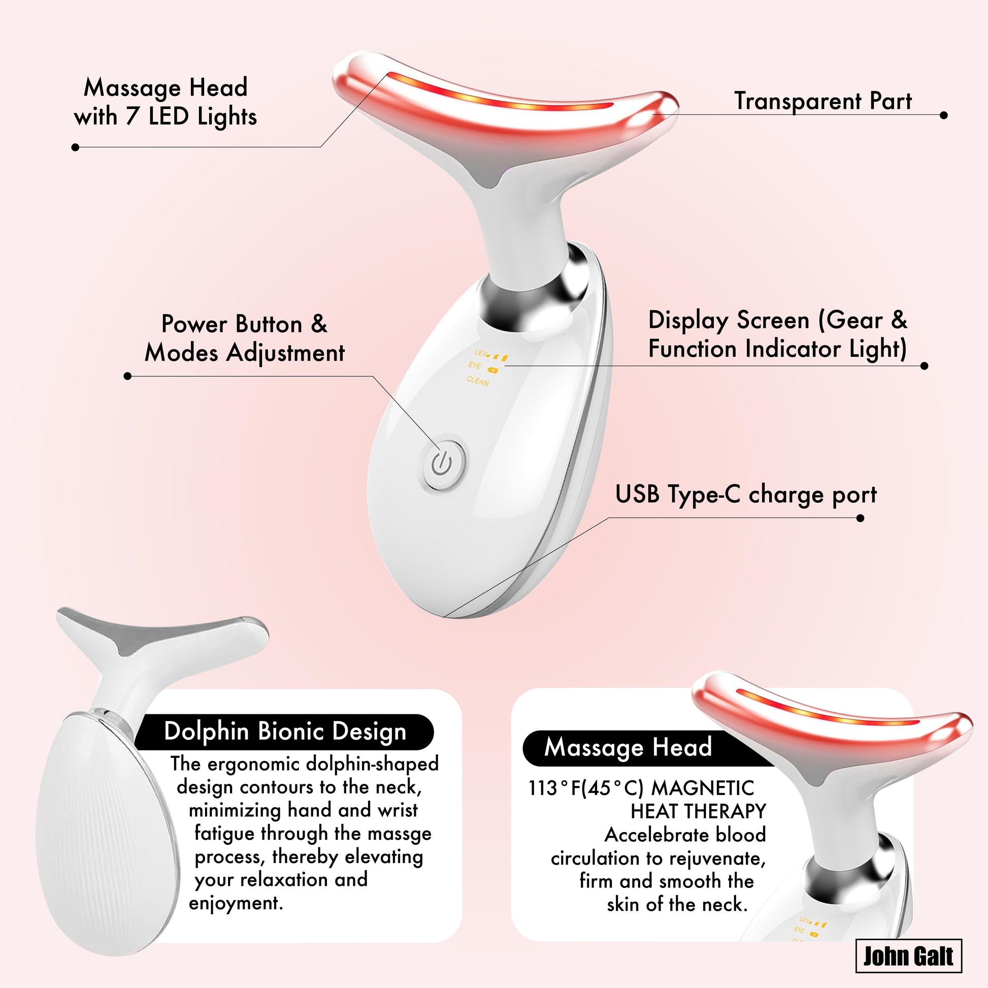 Red Light Therapy Massager for Face and Neck, 7 Color Led W/ Skin Care - Black